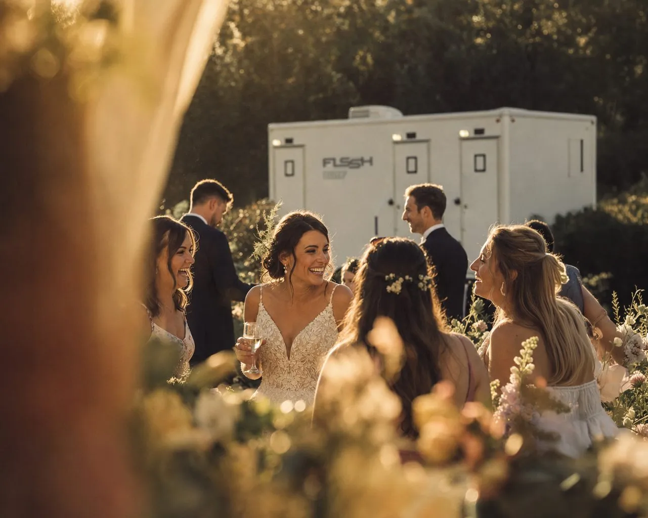 Wedding party celebrating in a garden beside an FLSSH Elite restroom trailer