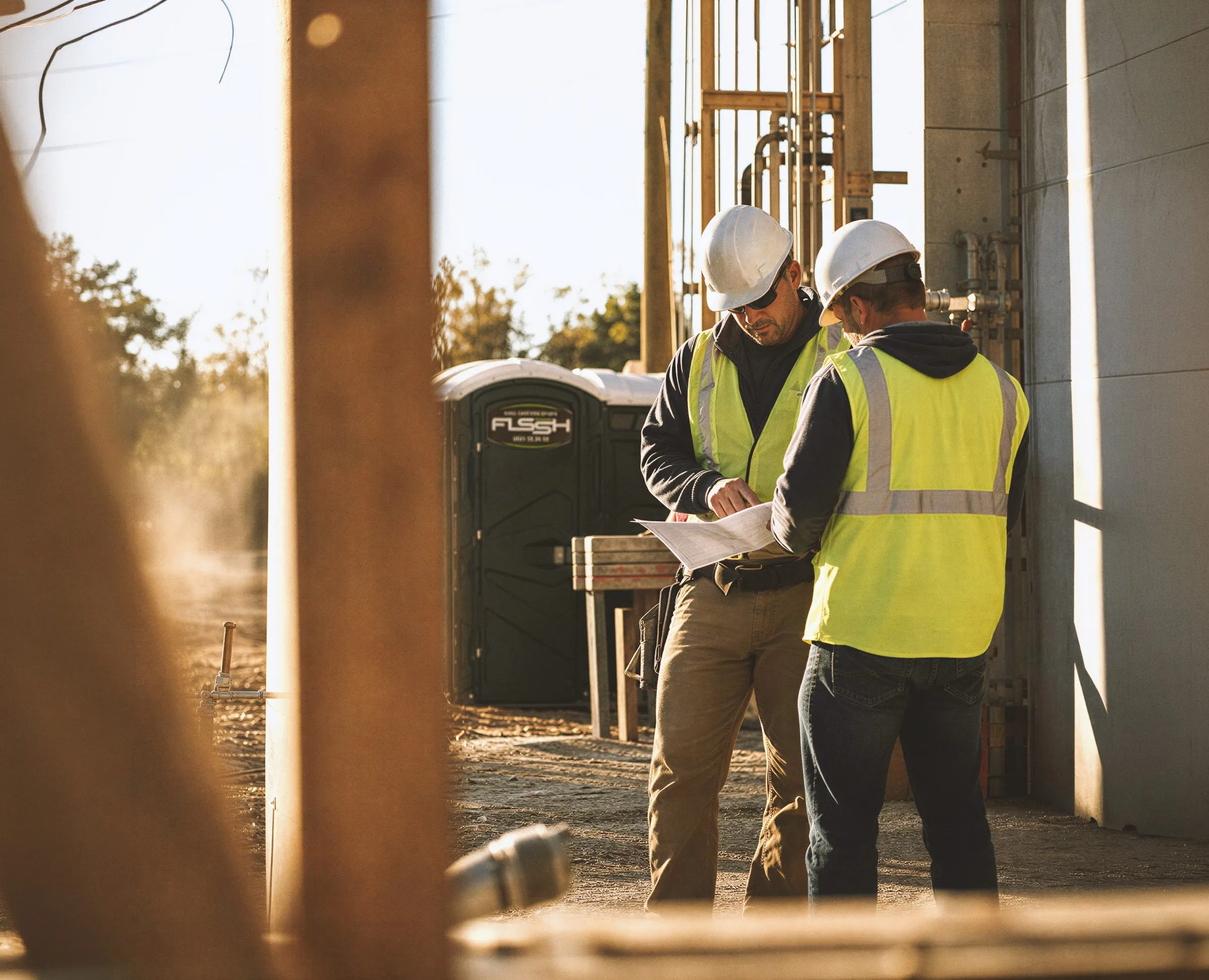Two site managers in hi-vis checking plans beside FLSSH portable toilets on a building site