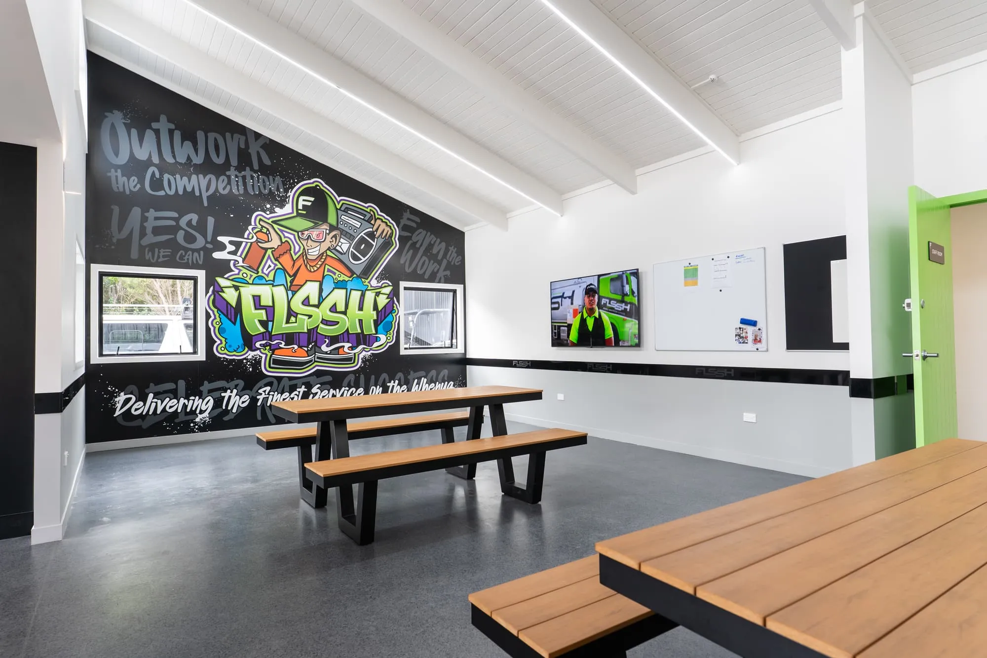 The FLSSH crew room, with a mural reading 'Delivering the finest service on the whenua'