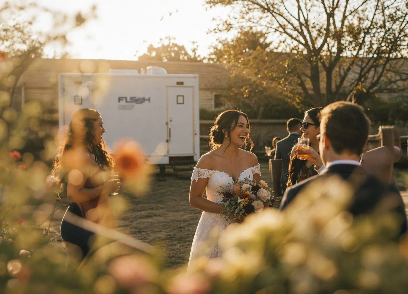 Bride and guests at an outdoor wedding with an FLSSH Elite restroom trailer behind