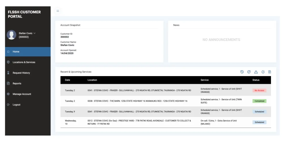 The FLSSH Customer Portal showing scheduled services